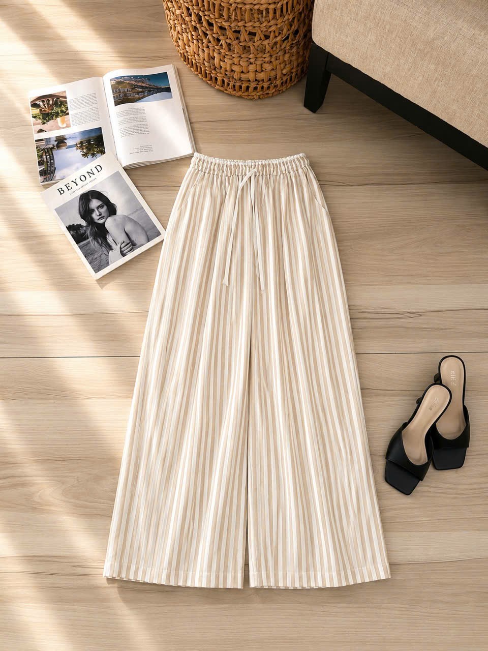 Quần suông linen lưng chun phối viền dây rút trắng_thumbnail_1