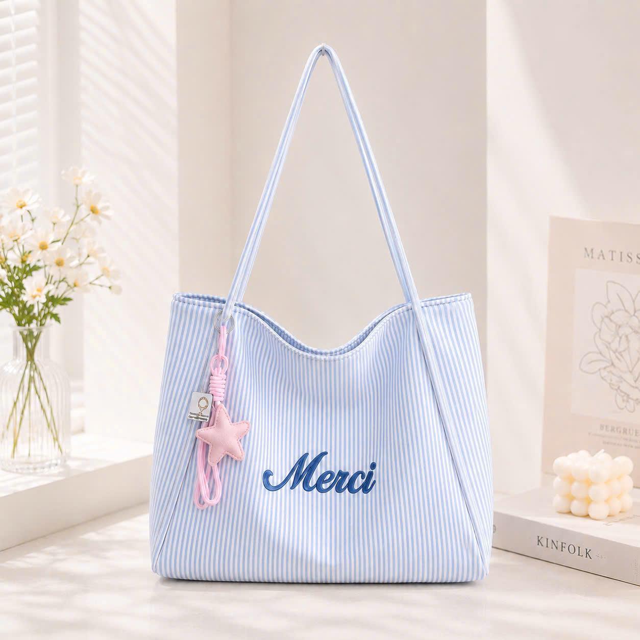 (Tặng Charm Sao) Túi Tote Nữ Vải Nhung Gân Thêu Chữ Merci Dễ Thương Đeo Vai Dáng Rộng CUN425_thumbnail_4
