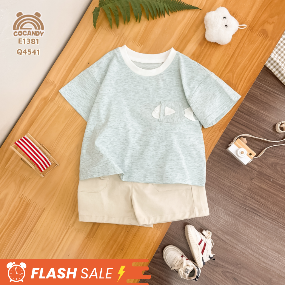 Áo cộc cotton XANH họa tiết túi cá