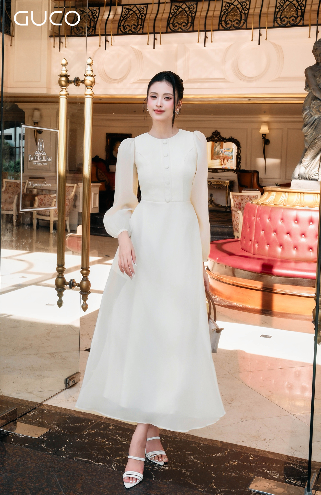 GUCO Đầm Maxi Trắng Ngọc Trai