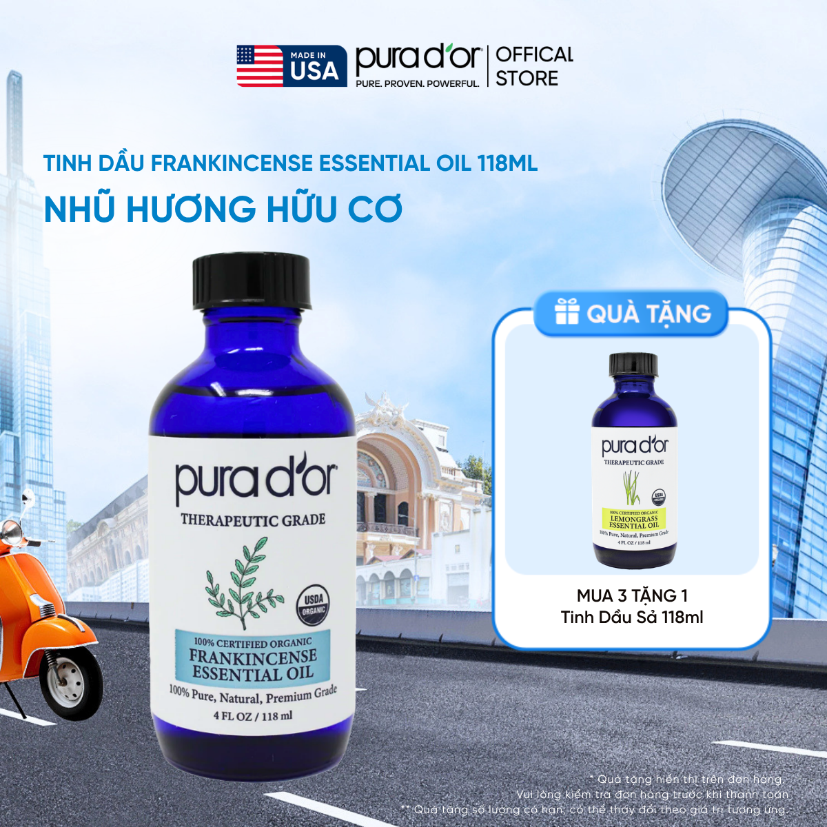 Tinh Dầu Nhũ Hương Hữu Cơ Pura D'or Therapeutic Grade Frankincense Essential Oil 118ml