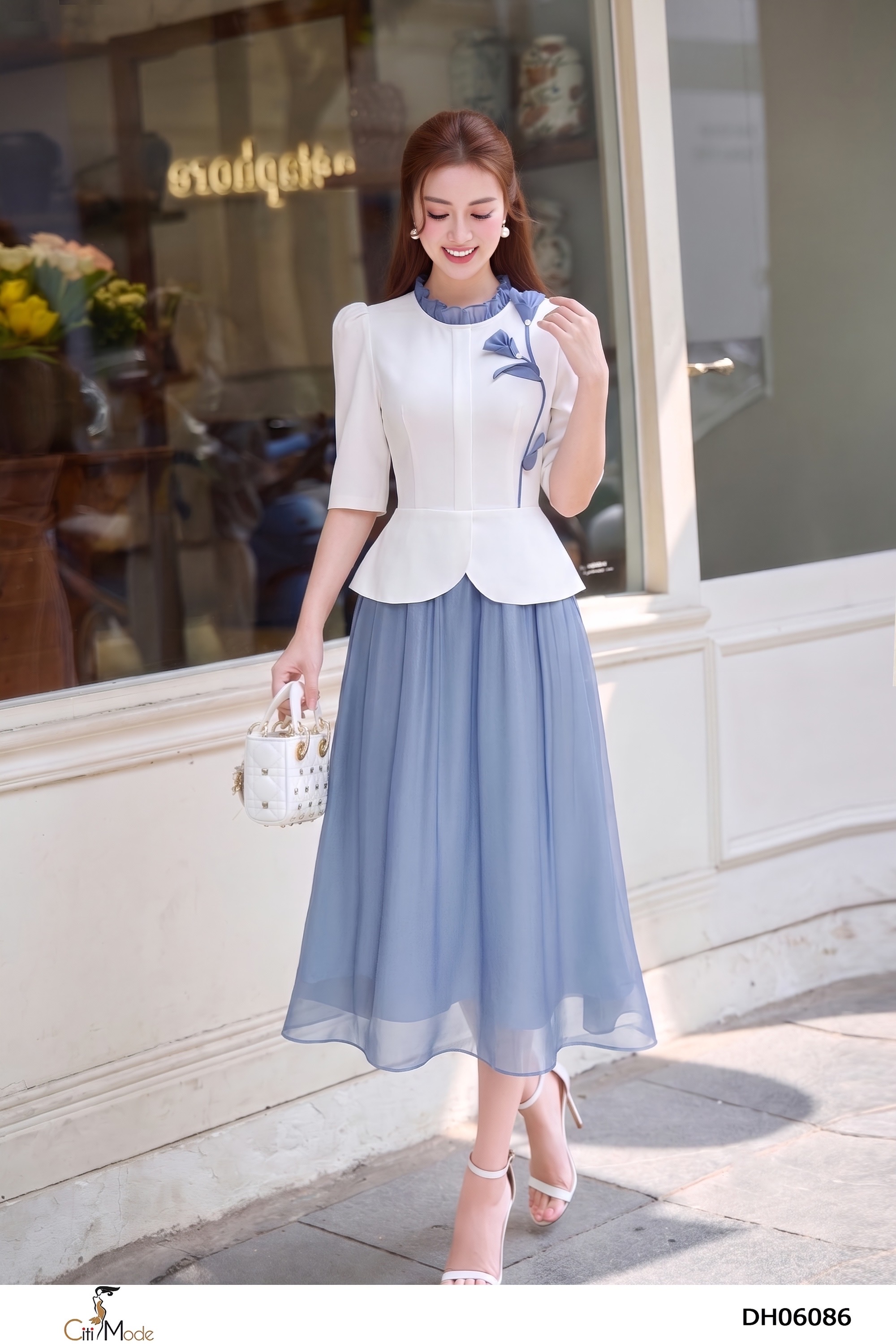 Đầm xòe tơ ghi peplum phối trắng cổ nhún, đính hoa, tay lỡ_thumbnail_2