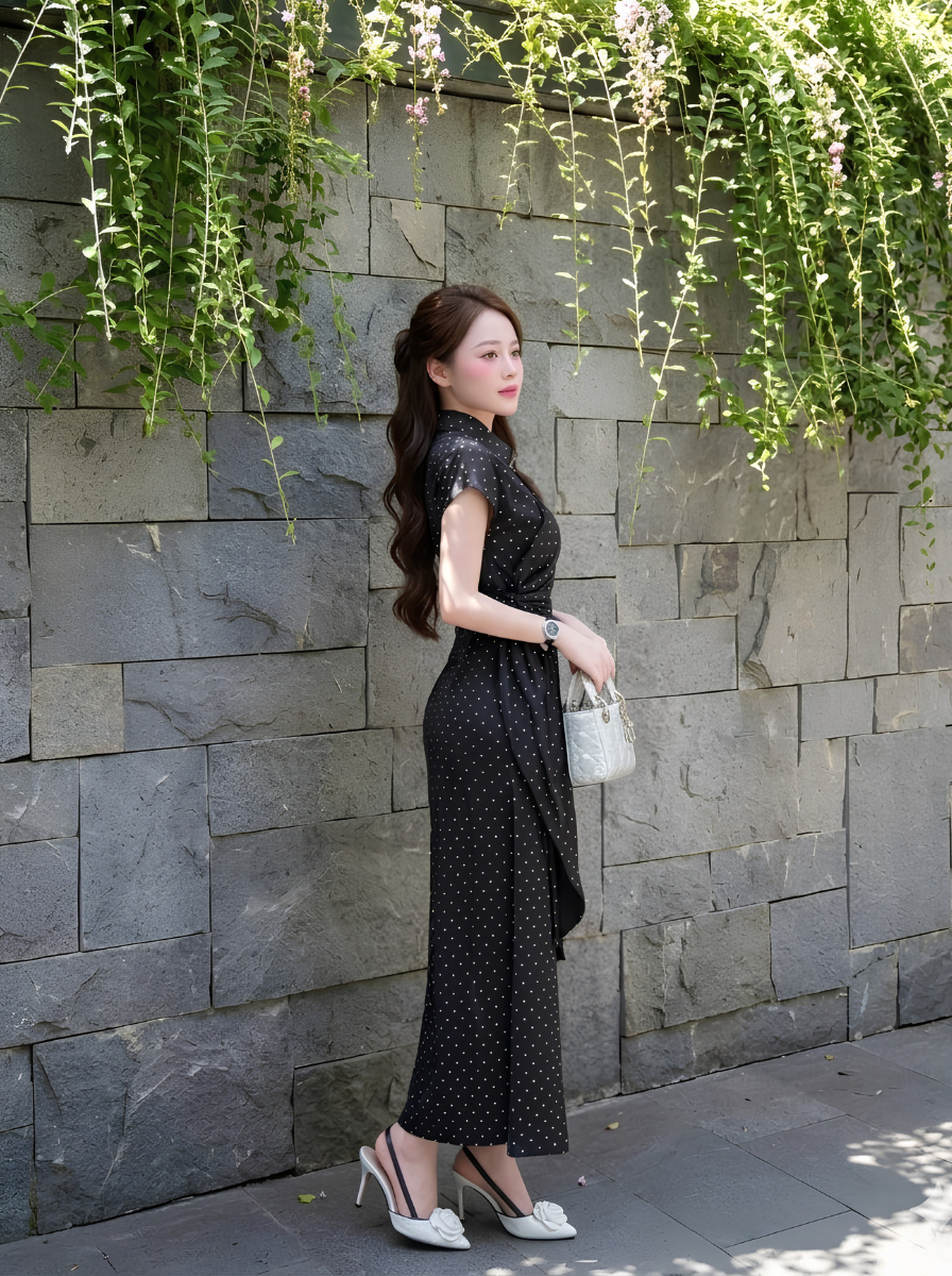 G44 - Đầm Thiết Kế Lụa Chấm Bi Kèm Tag Cài