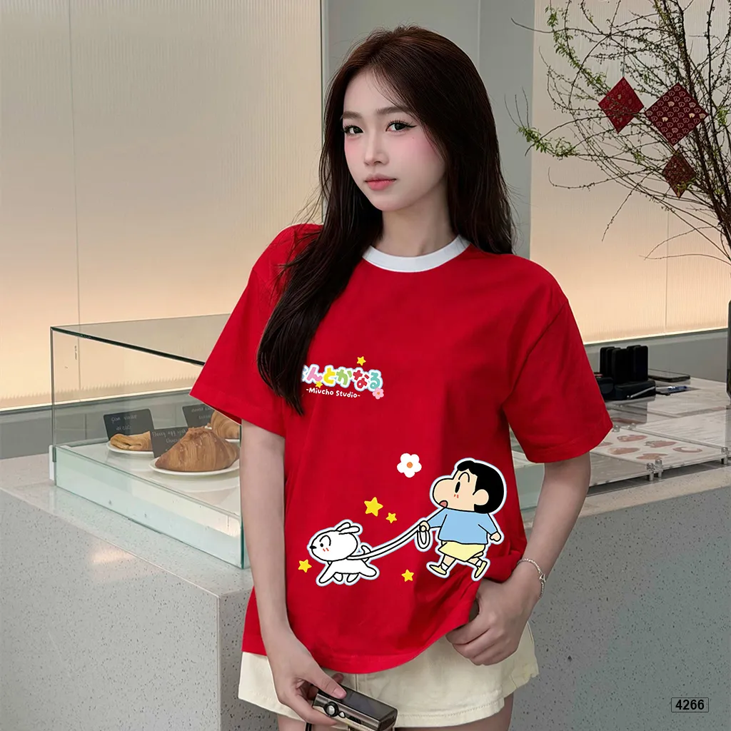 Áo thun unisex form boxy phối cổ mix màu hoạt hình Miucho 4266_thumbnail_4