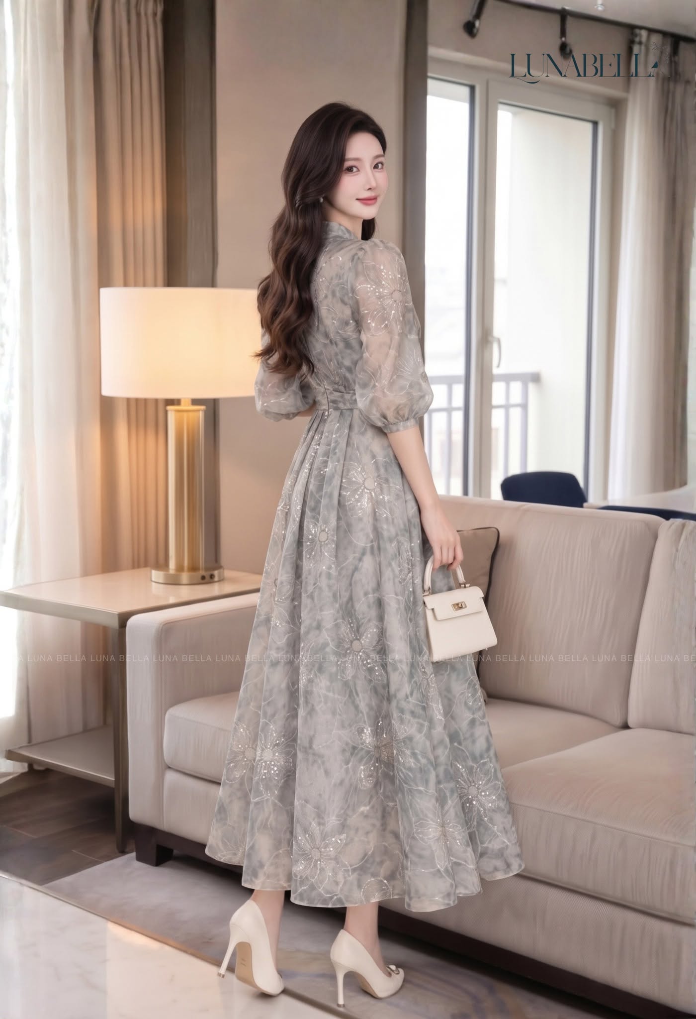 Váy tơ dài cổ tàu đính cườm SEREVA màu XÁM loang_thumbnail_2