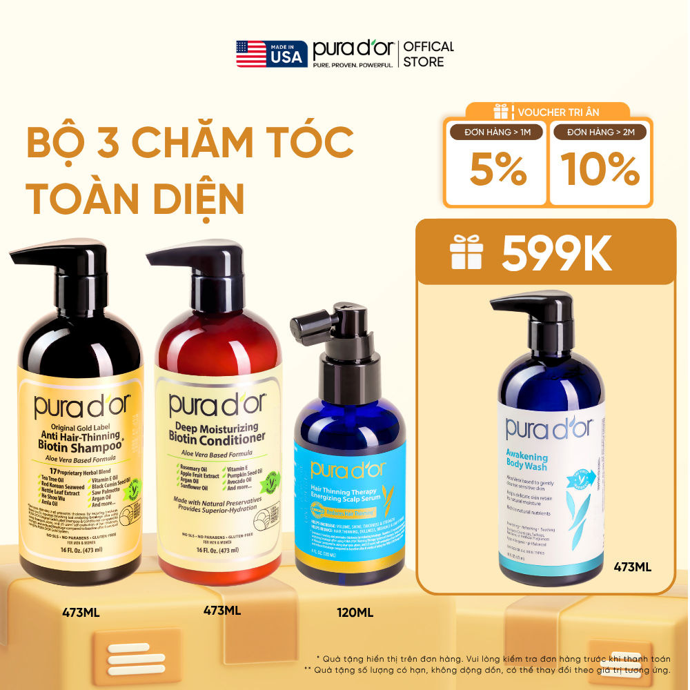Combo 3 Bước Dầu Gội, Dầu Xả, Giảm Rụng Tóc Organic Pura D'or Biotin Gold Label 473ML | Chăm Sóc Tóc, Chăm Sóc Da Đầu, Dưỡng Tóc, Hỗ Trợ Mọc Tóc - Mega Livestream - Combo 3 bước 473ml