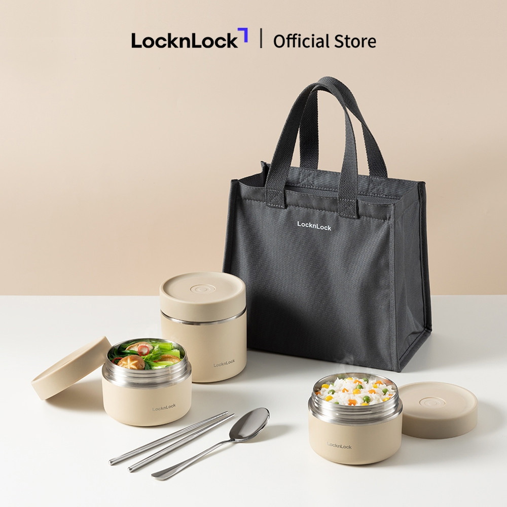 Bộ hộp cơm giữ nhiệt Lock&Lock Pump Vacuum Lunch Box (300ml*2, 500ml*1, bộ đũa và thìa, túi) LHC8052S02