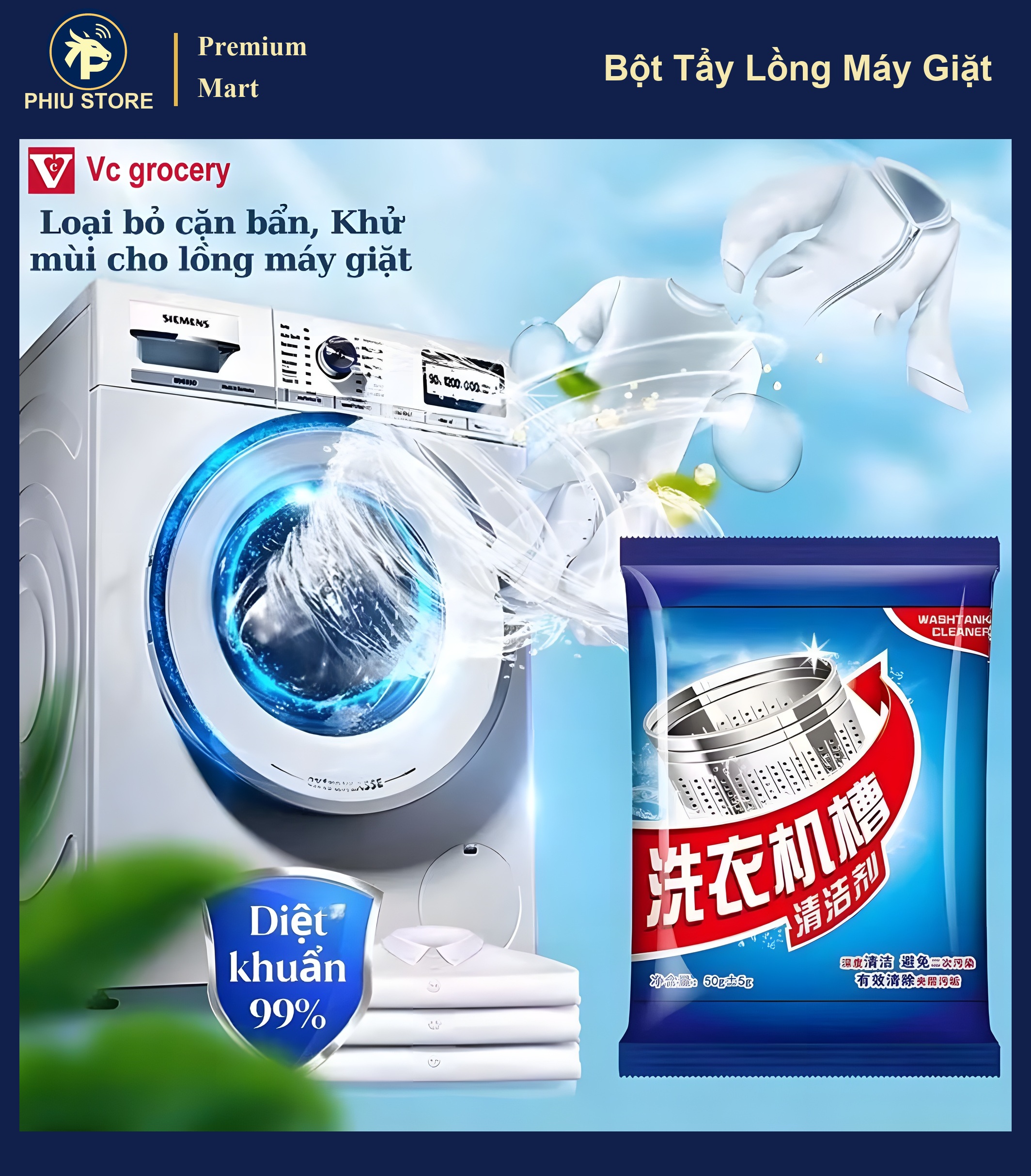 Bột Tẩy Lồng Máy Giặt Diệt Khuẩn Khử Mùi - Tẩy Cặn Bẩn Vệ Sinh Lồng Giặt Sạch Sâu