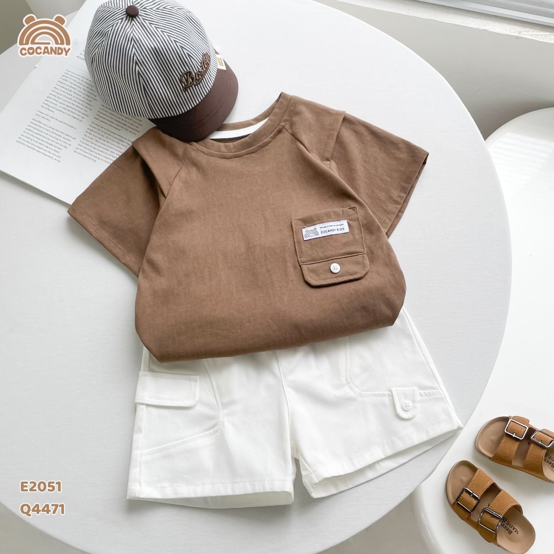 Áo cộc cotton vân mỏng NÂU tay raclan