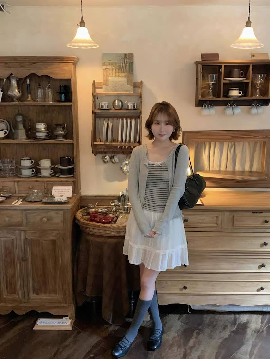 Lucas - Set len áo 2 dây kẻ ngang đính nơ + áo cardigan nhún gấu_thumbnail_3