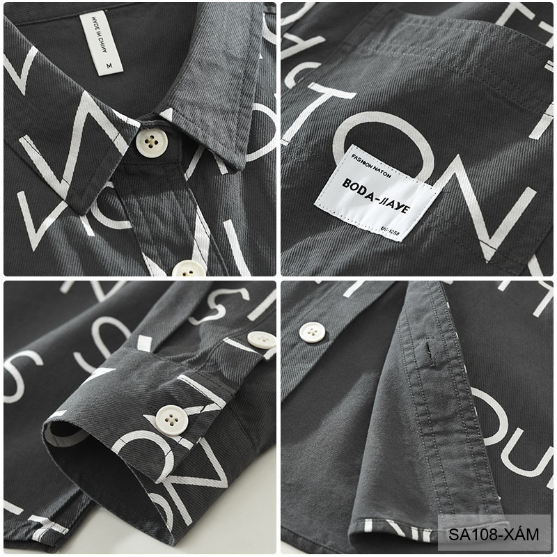 SA108 - Áo Sơ Mi Nam In Chữ Thời Trang, Chất Cotton Mềm Mại, Phong Cách Streetwear Đa Dạng Màu Kaki & Xám_thumbnail_5