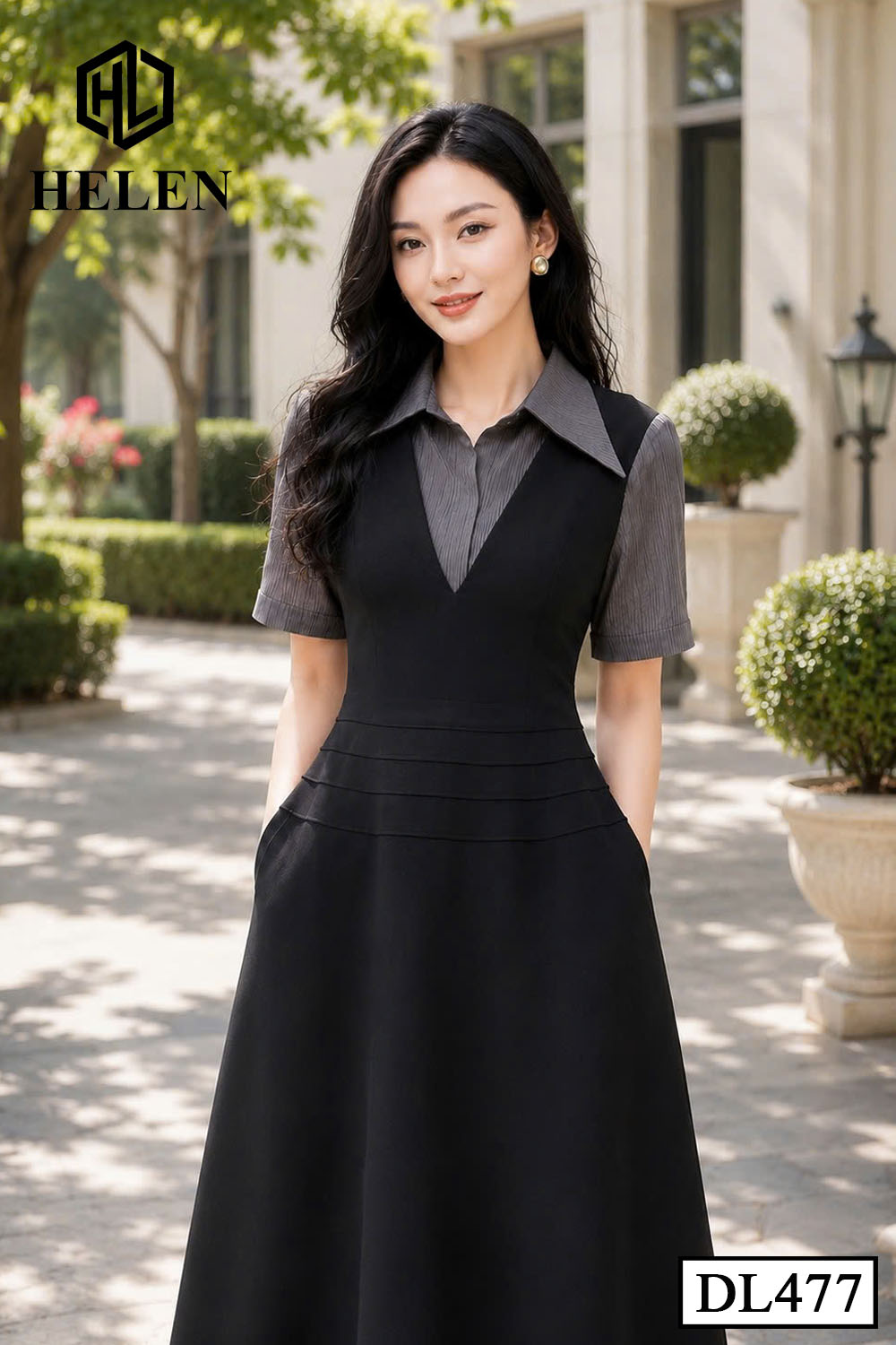 Đầm xòe đen phối tơ ghi cổ đức DL477