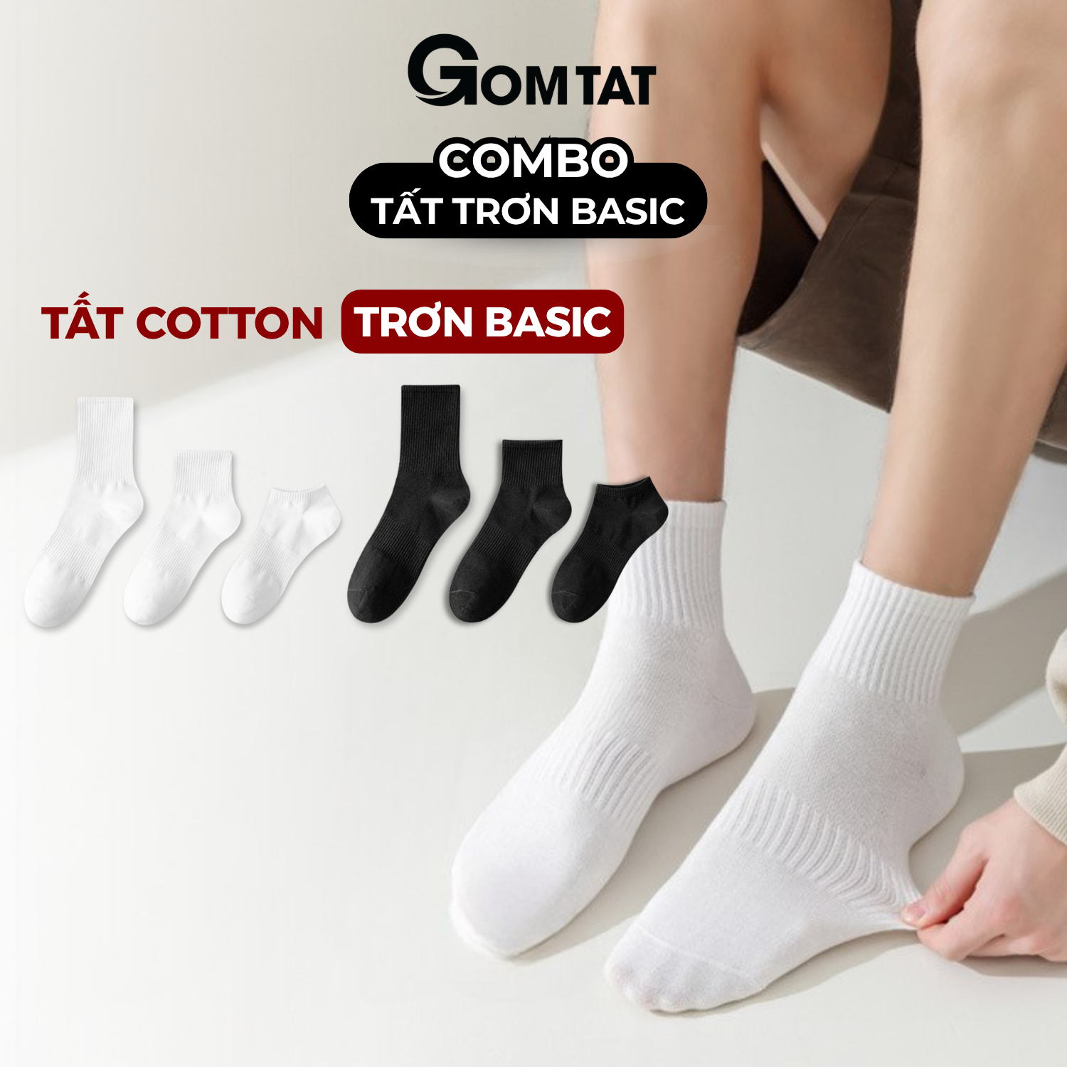 Combo tất trơn cổ cao/trung/ngắn GOMTAT, tất thể thao basic chất cotton thoáng khí - OAS-1704
