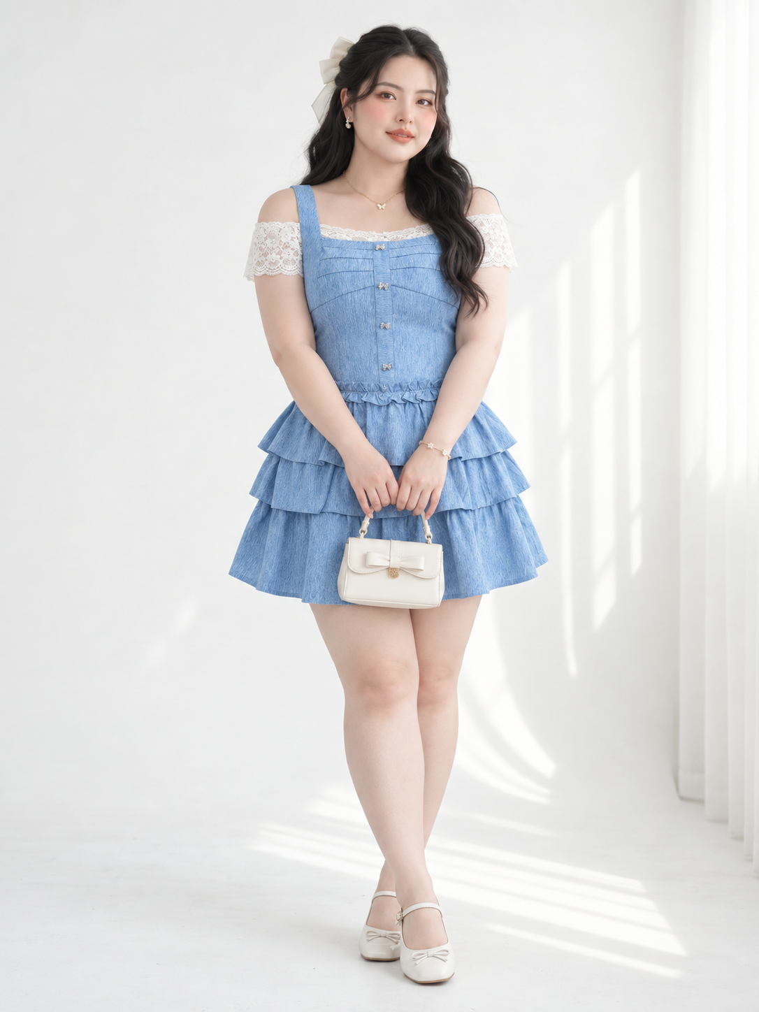 Đầm Dáng A Phối Ren Nhún Tầng Bigsize Tôn Eo Che Bắp Tay - Xanh - Vừa 55-95kg - V-DA202