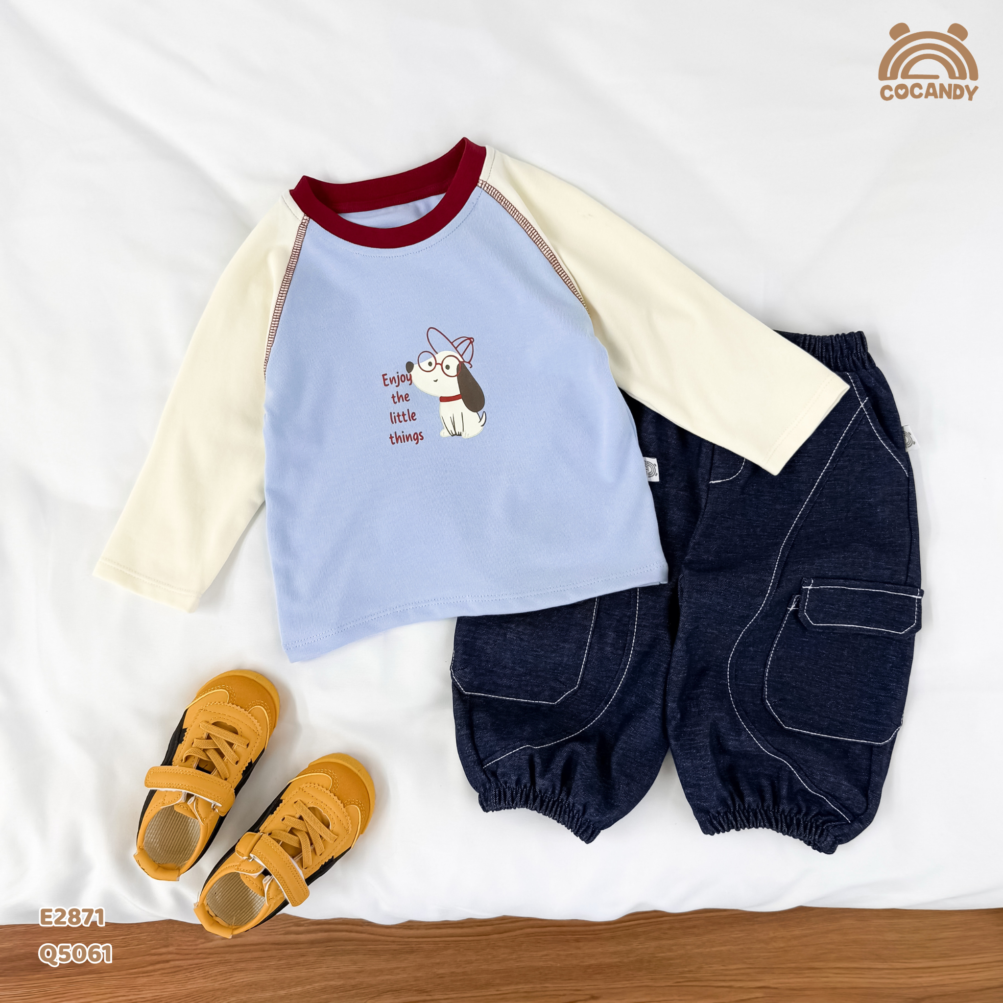 Áo dài XANH BE tay phối hình cún