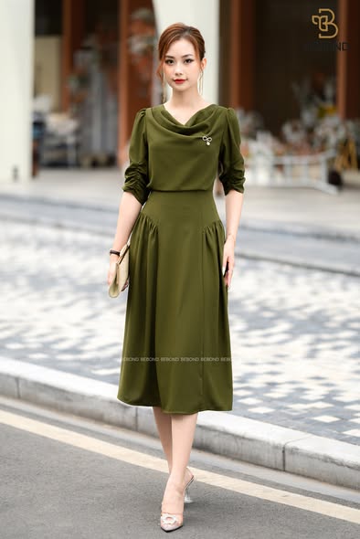 Chân đầm lụa Nhật XANH RÊU- CONAL DRESS