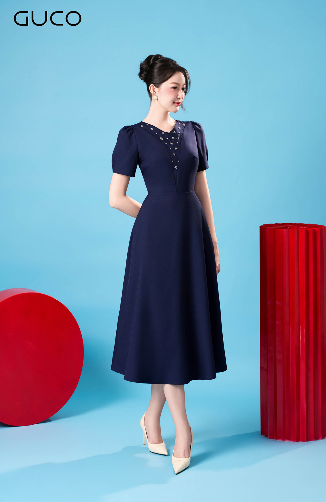 Đầm Xòe Xanh Navy Vai Đính Đá_thumbnail_2