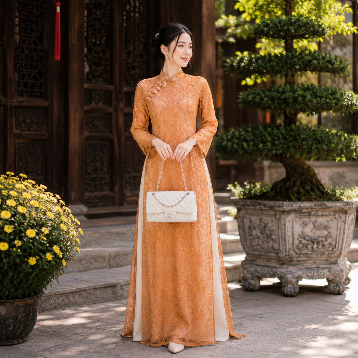 Áo Dài Cách Tân Nữ Dáng Suông Vải Ren 4 Tà Tay Dài CT27-02_thumbnail_3