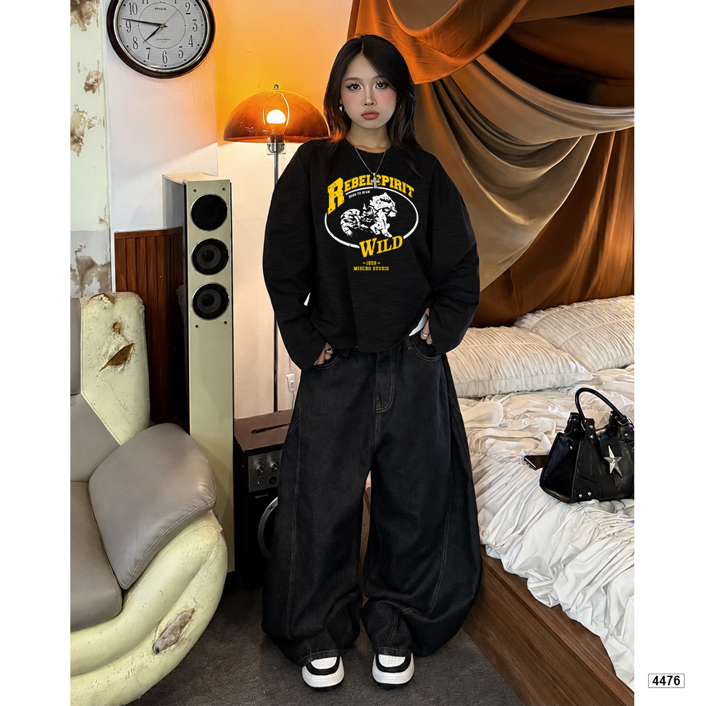 Áo thun nữ tay dài form boxy Miucho cotton xược cổ tròn Hàn Quốc 4476_thumbnail_5