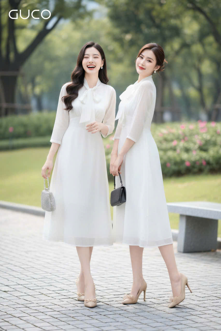 ĐẦM XÒE VOAN TƠ HOA CỘT NƠ - TRẮNG