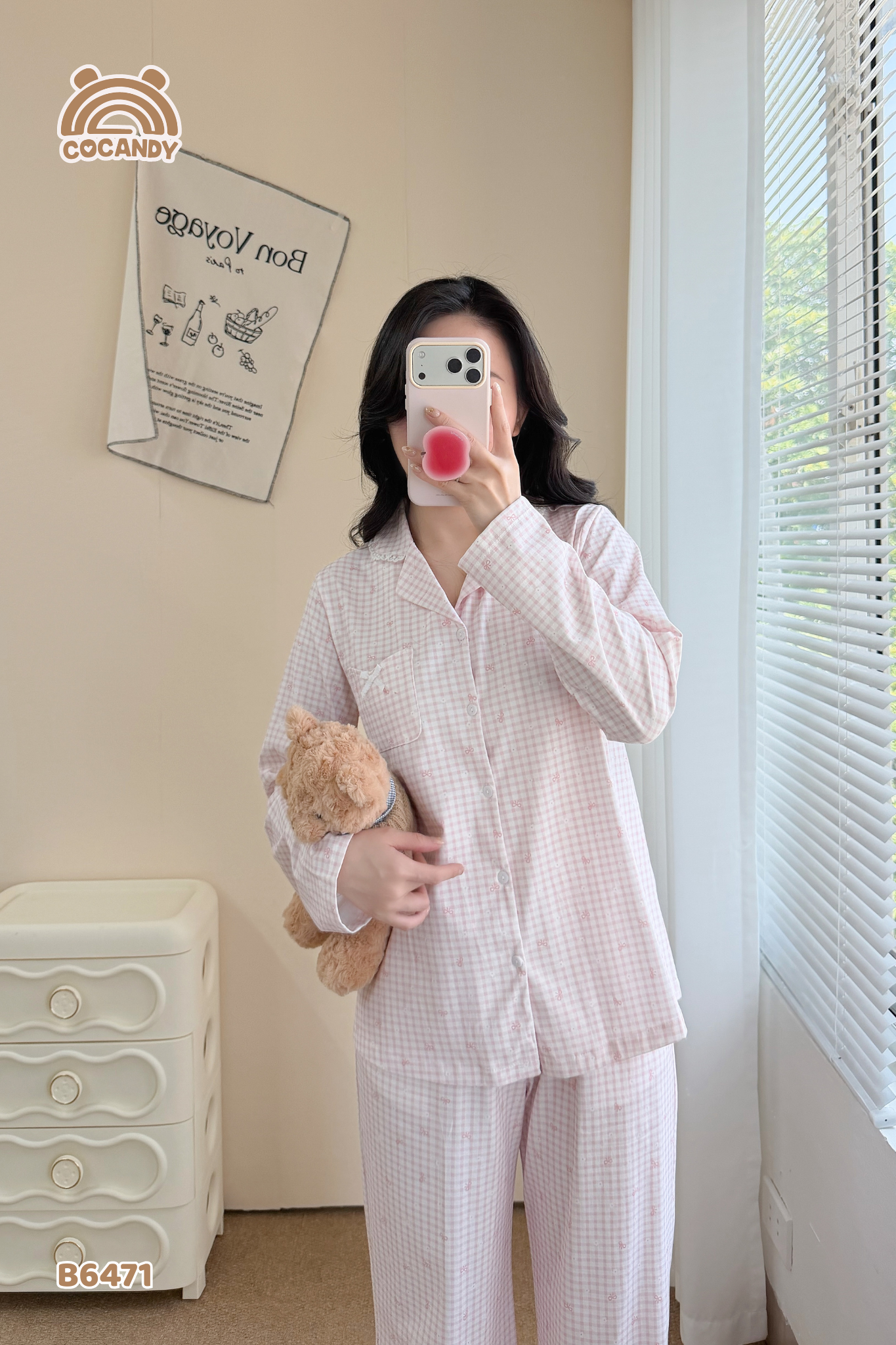 Bộ dài pijama HỒNG caro hoa nơ NỮ_thumbnail_2