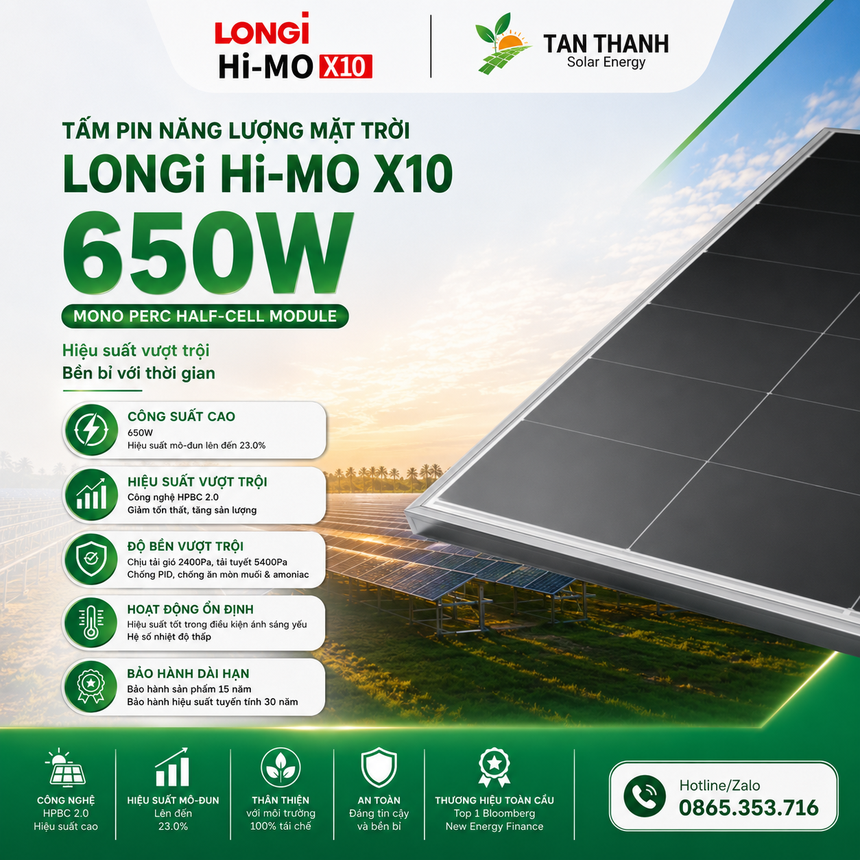 Tấm Pin Năng Lượng Mặt Trời LONGi Hi-MO X10 650W