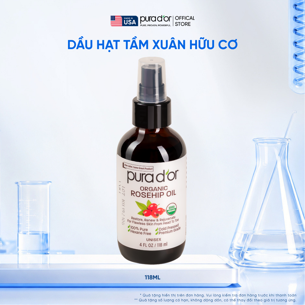 Dầu Hạt Tầm Xuân Nguyên Chất Hữu Cơ Pura D'or Organic Rosehip Seed Oil  – Giúp Phục Hồi Làn Da & Dưỡng Tóc Mềm Mượt 118ml