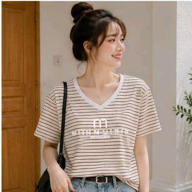 Áo Thun sọc ngang cổ tim M miinmusic Free Size 45-75kg Co Giãn 4 Chiều Tôn Dáng Mềm Mịn Thoáng Mát Dễ Phối Phong Cách_thumbnail_2