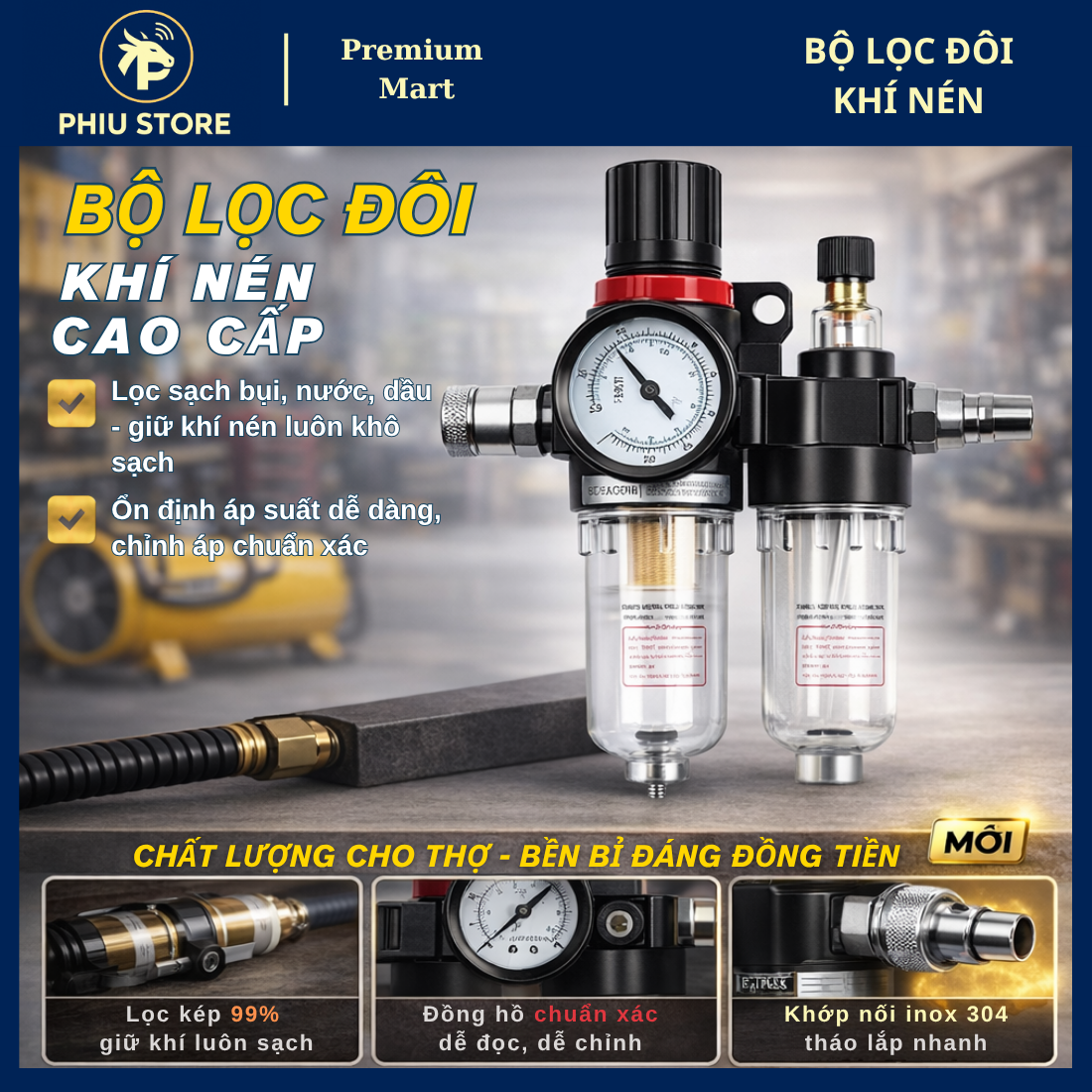 Cốc Lọc Khí Nén 2 Cấp - Lọc Sạch Bụi Nước Dầu