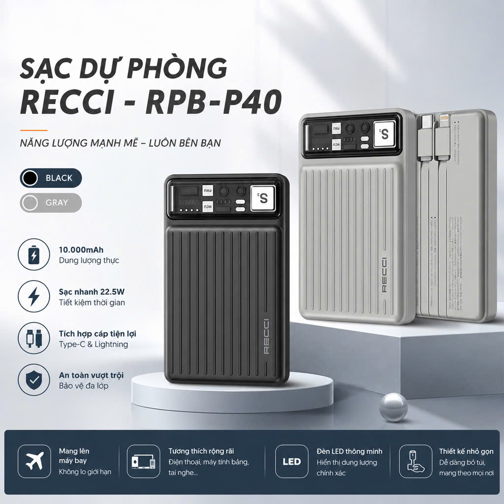 Sạc dự phòng Recci - RPB-P40 BLACK & GRAY ( 10.000mAH )_thumbnail_1
