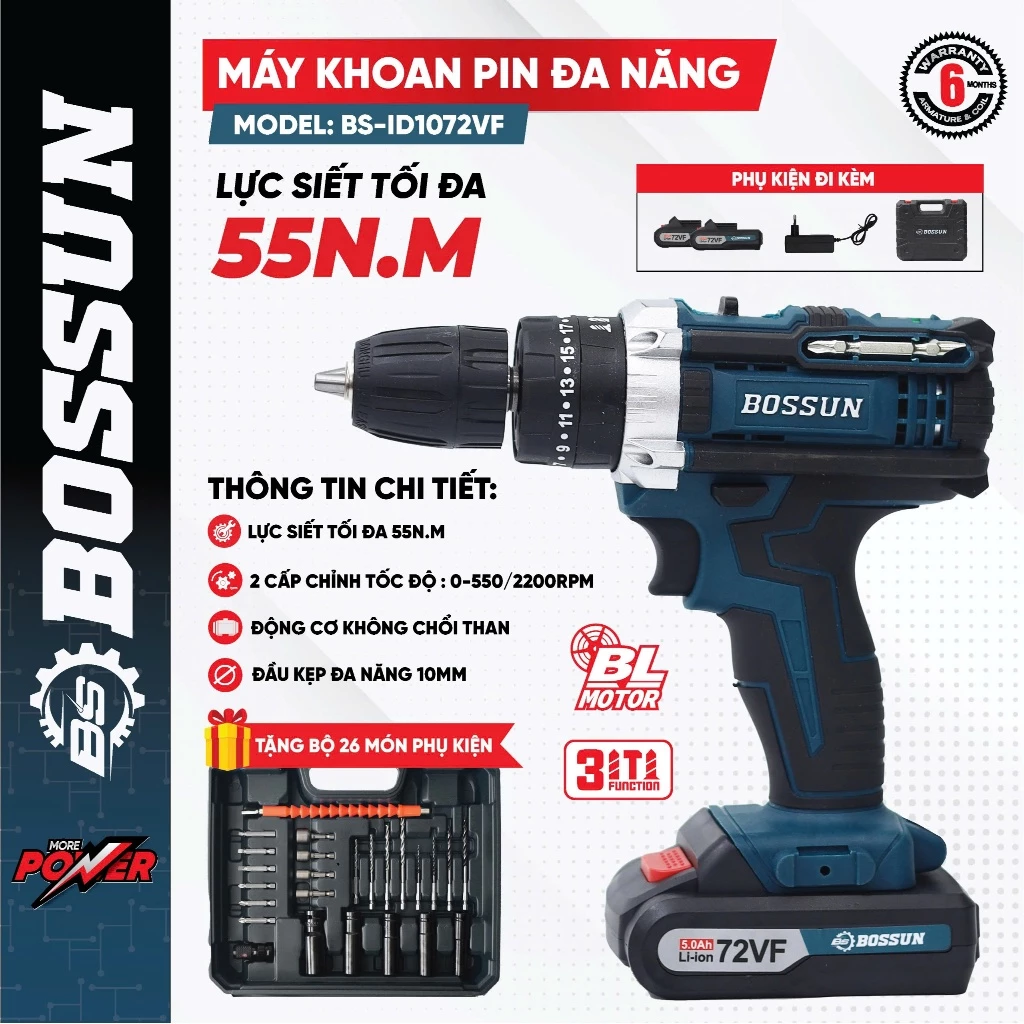 Máy khoan pin Boshun 3 chức năng đầu 10mm - Máy bắn vít cầm tay - Giá rẻ
