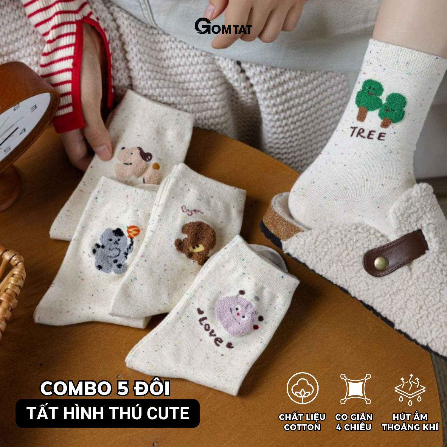 Set 5 đôi tất cao cổ nữ họa tiết cây thú GOMTAT, vớ chân phong cách Hàn Quốc cute, chất cotton mềm mịn – JIN-2518-CB5