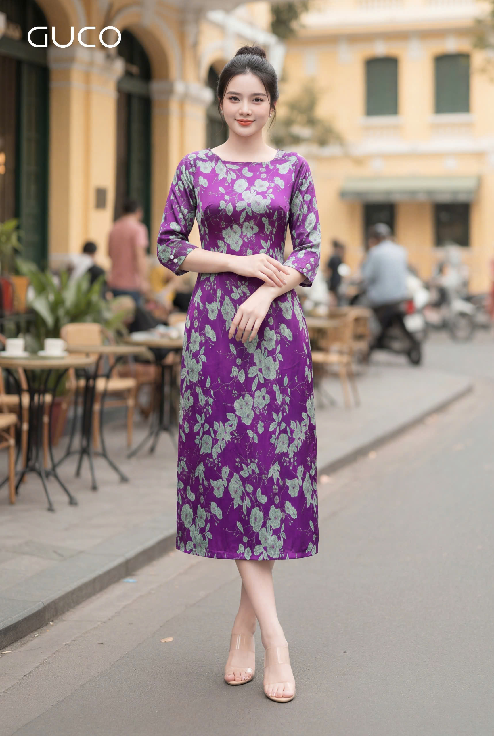 GUCO Đầm Hoa Xanh Nền Tím Thanh Lịch_thumbnail_2