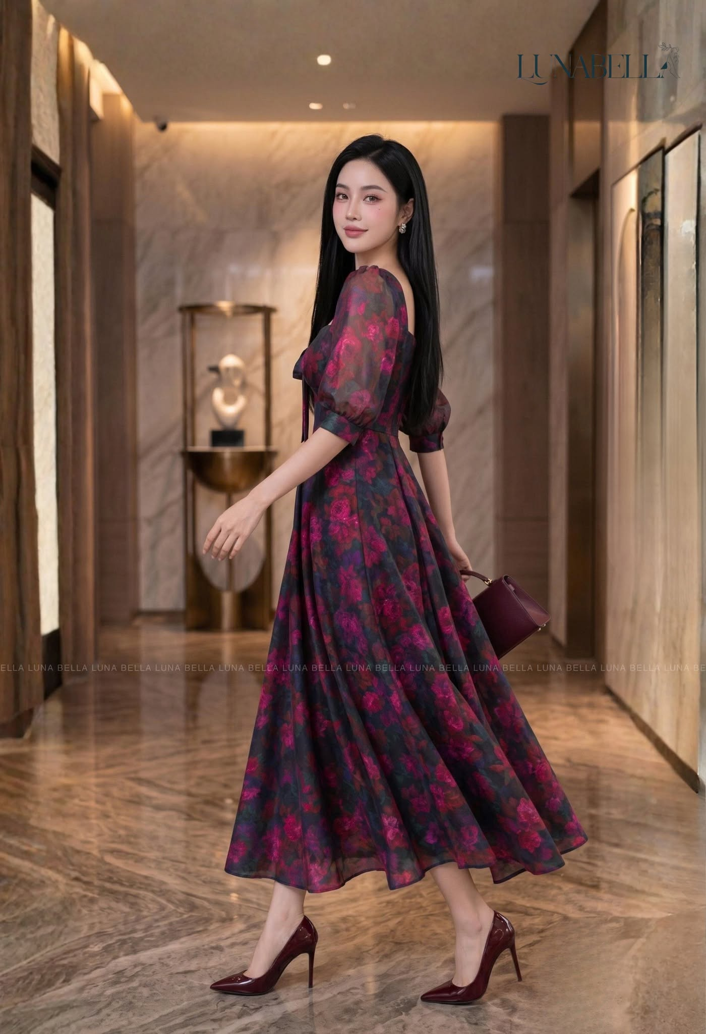 Váy dài tay voan lỡ  PANCHY hoạ tiết hoa HỒNG TÍM_thumbnail_2
