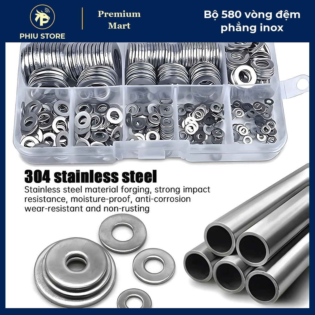 Vòng Đệm Phẳng Inox 304 - Bộ 580 Long Đền Phẳng 9 Cỡ M2-M12, Vòng Đệm Inox Chống Gỉ - PHIU STORE