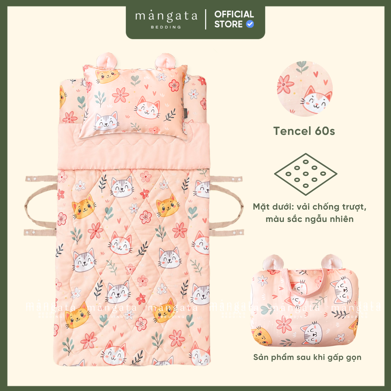 Mẫu Mèo hồng - Bộ chăn gối gấp gọn đi học