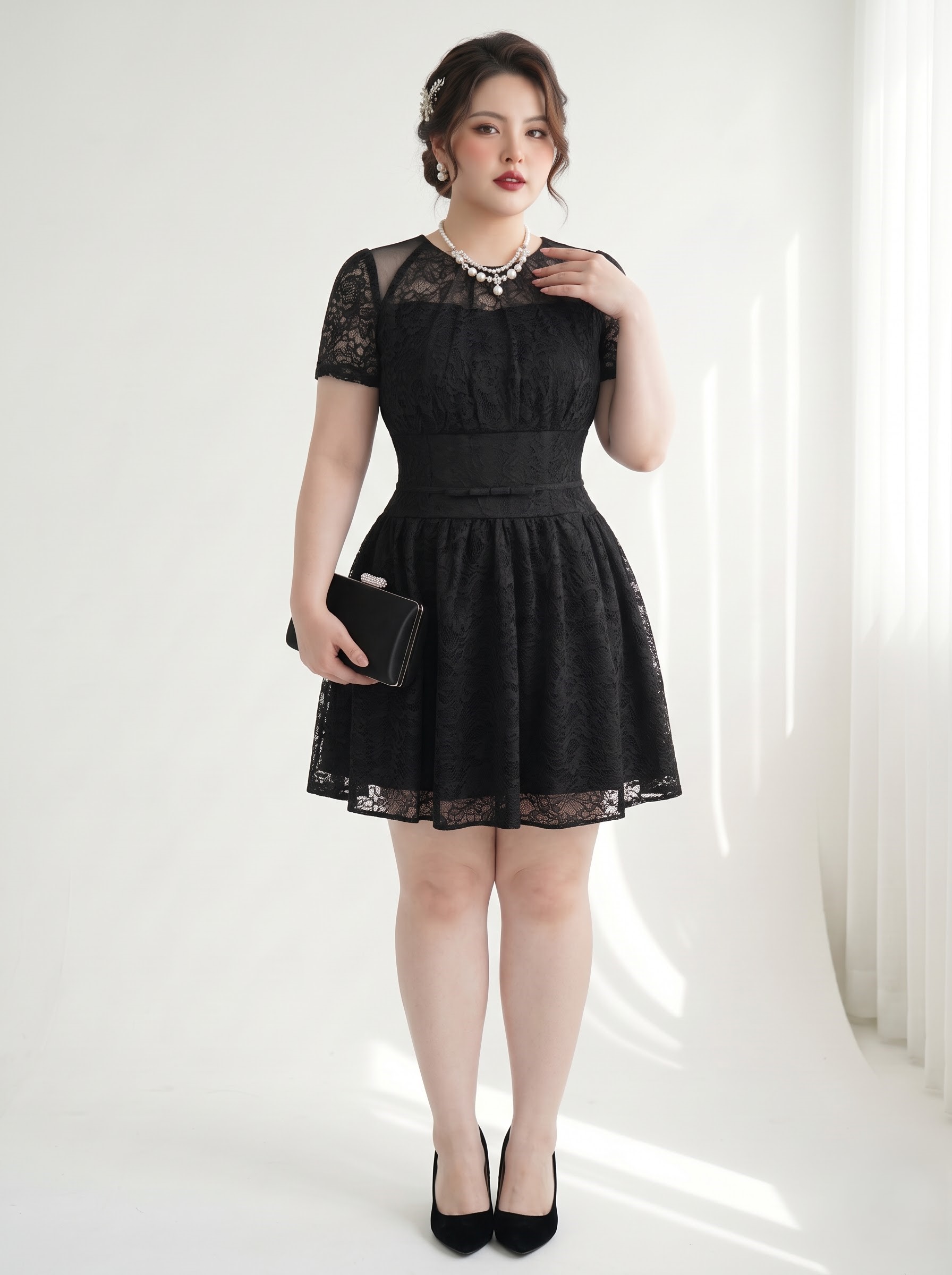 Đầm Ren Dáng A Phối Lưới Bigsize Nữ 2 Lớp Ren Hoa Lót Cotton Lạnh - Đen - Vừa 55-90kg - V-DA244