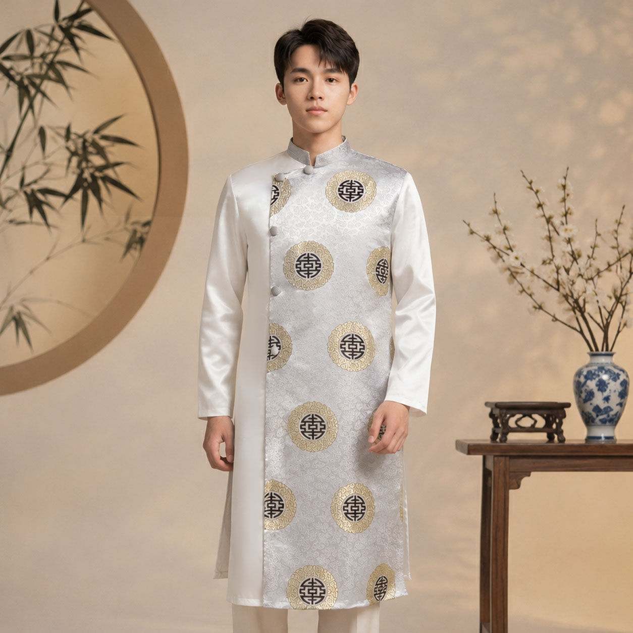 Áo Dài Nam Cách Tân Taffeta Họa Tiết Chữ Thọ Cao Cấp NA26-19