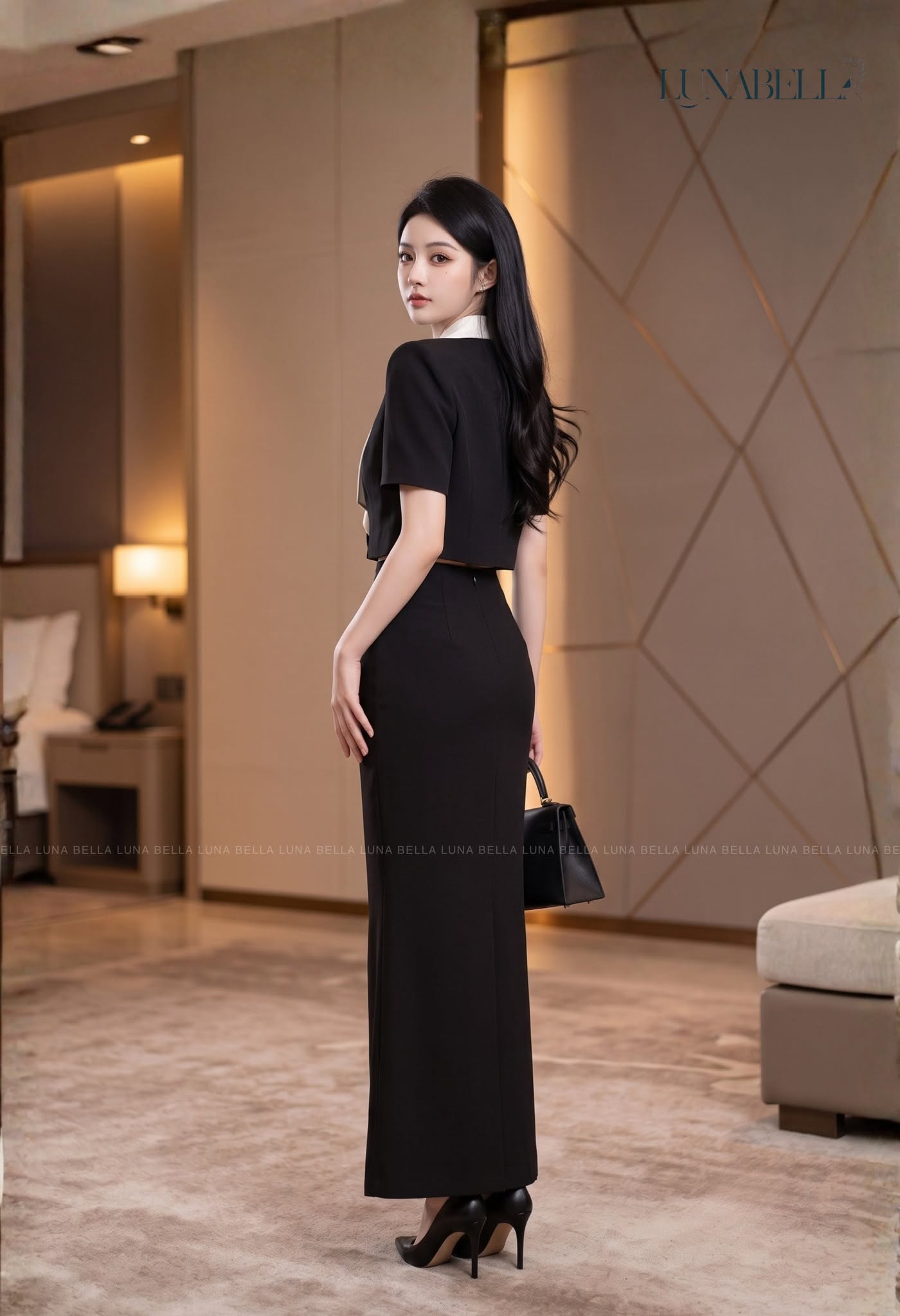 Set vest lưng và chân váy ôm dài VAREL màu ĐEN_thumbnail_2
