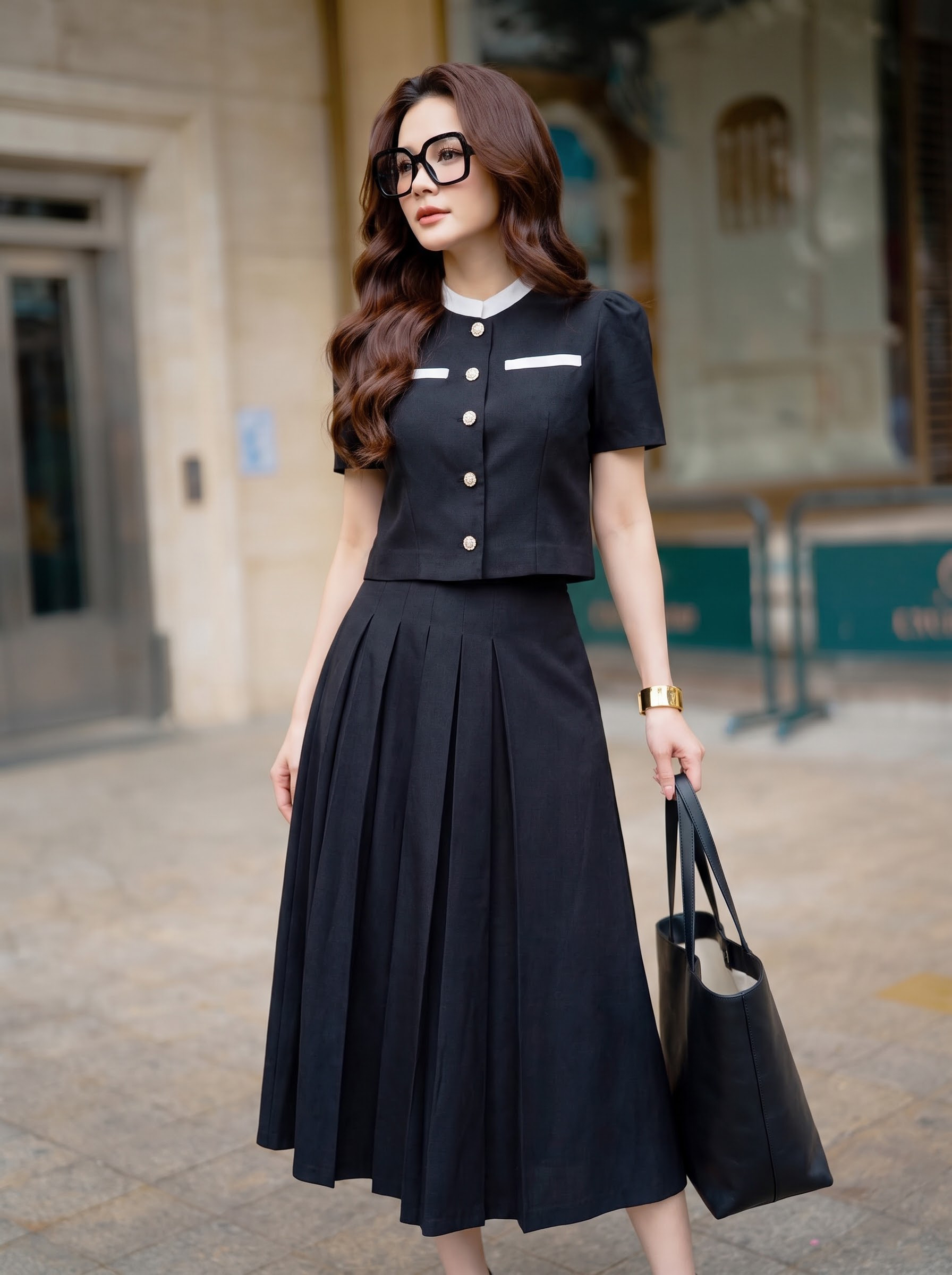 Bộ váy xếp ly 26509 đen