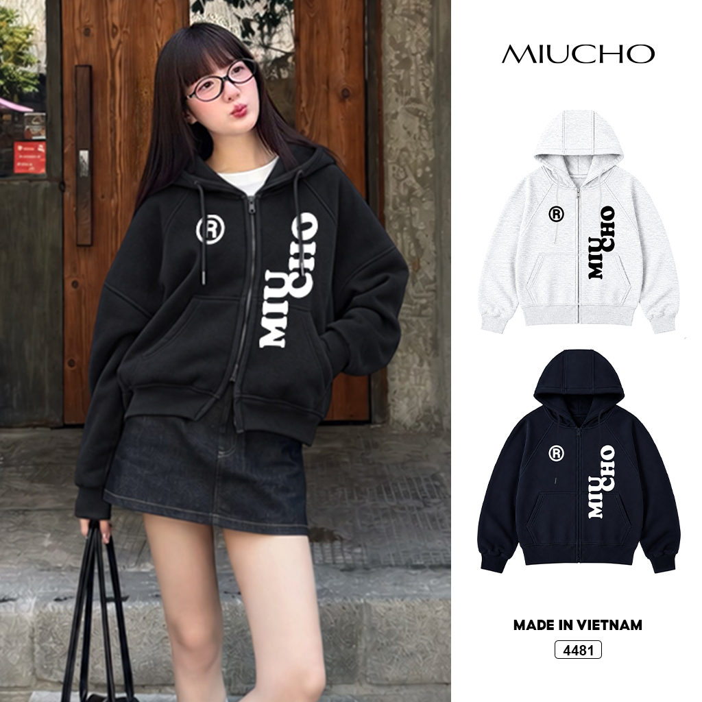 Áo hoodie zip Miucho form rộng Hàn Quốc nỉ 2 da 4481