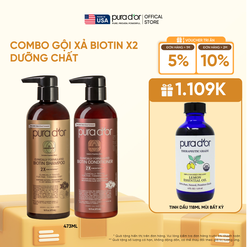 Combo Gội - Xả Pura D'or Biotin X2 Concentrated Giúp Tóc Dày, Khỏe Mạnh và Sáng Bóng Hơn 473ml