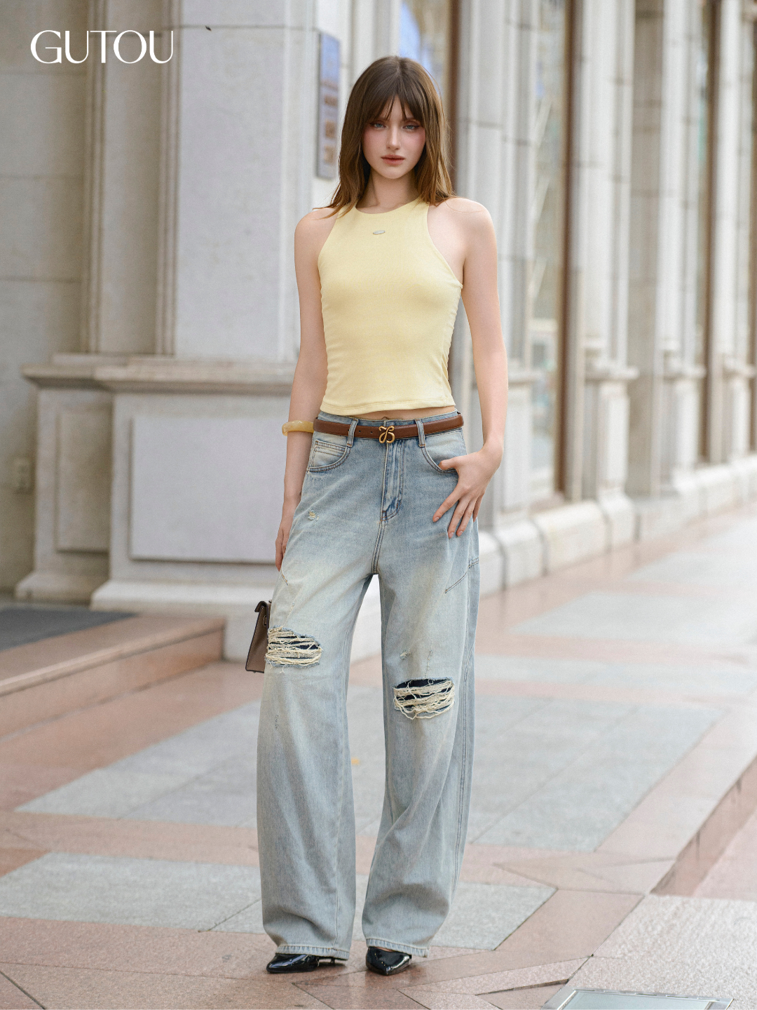 [ GUTOU ] Quần Jean Baggy Wash Bạc Rách Gối Phối Túi Sau Chữ V Street Style_thumbnail_0