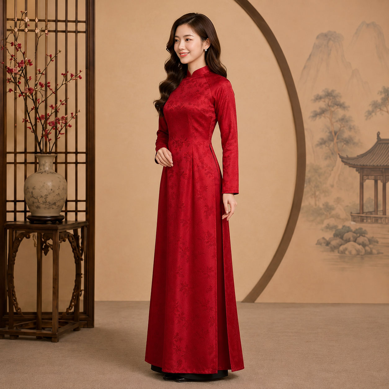 Áo Dài Truyền Thống Nữ Gấm Trúc Đào Thanh Lịch Mặc Lễ, Tết, Chụp Ảnh TT26-03_thumbnail_3