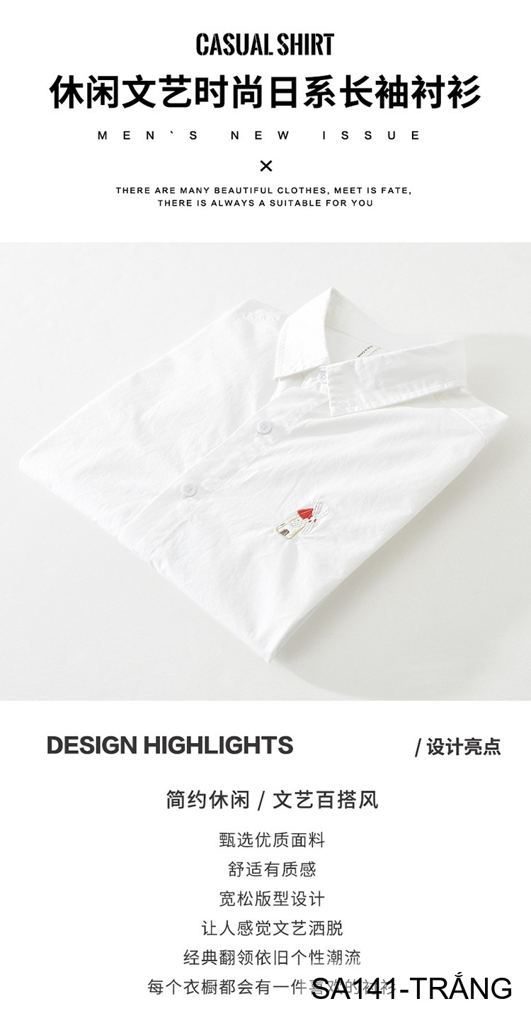 SA141 - Áo sơ mi nam phong cách Nhật Bản tay dài thêu họa tiết đáng yêu chất cotton trắng_thumbnail_5