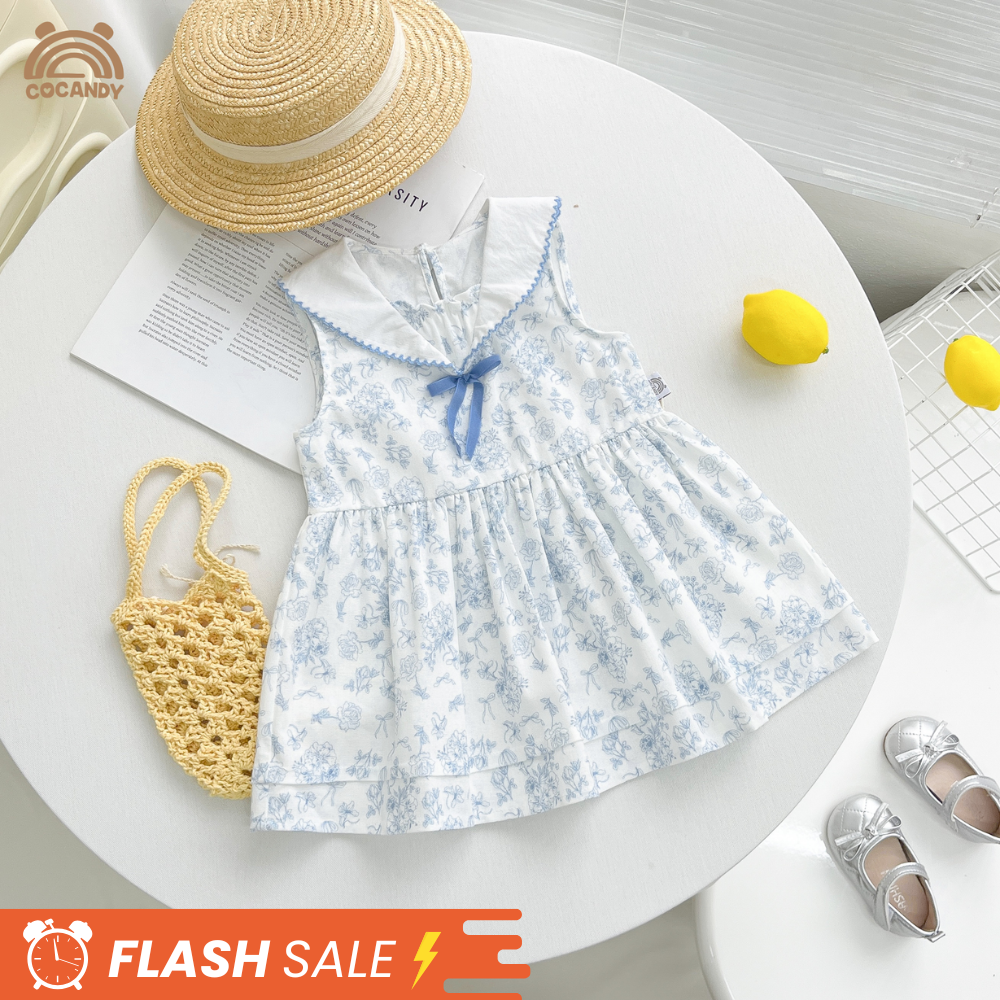 Váy sát nách linen TRẮNG hoa nhí xanh cổ nơ