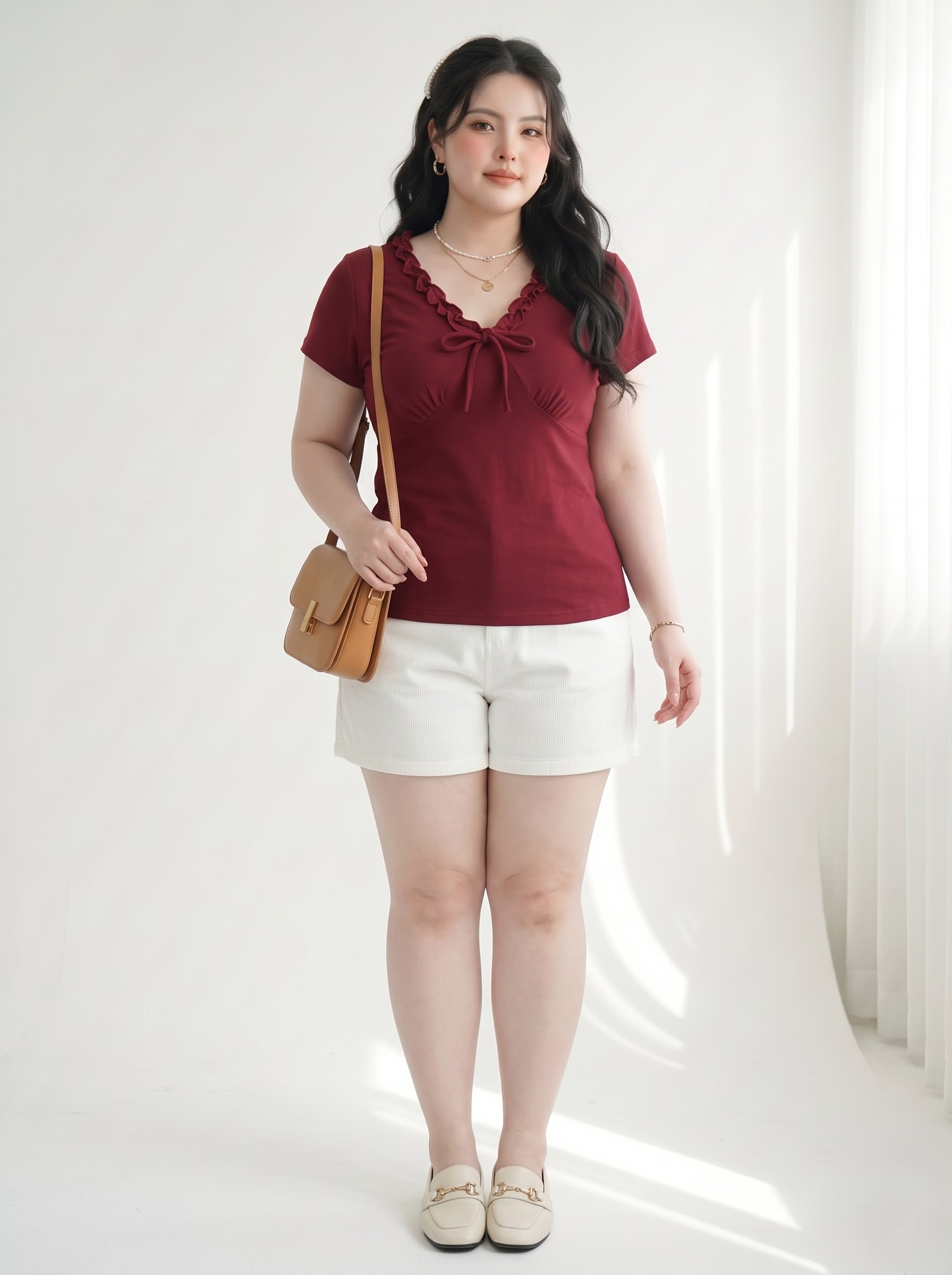Áo Thun Kiểu Cổ Tim Bèo Nhún Phối Nơ Bigsize Form Ôm Tôn Dáng - Đỏ Đô - Size L đến 3XL (55 tới 90kg) V-AK118