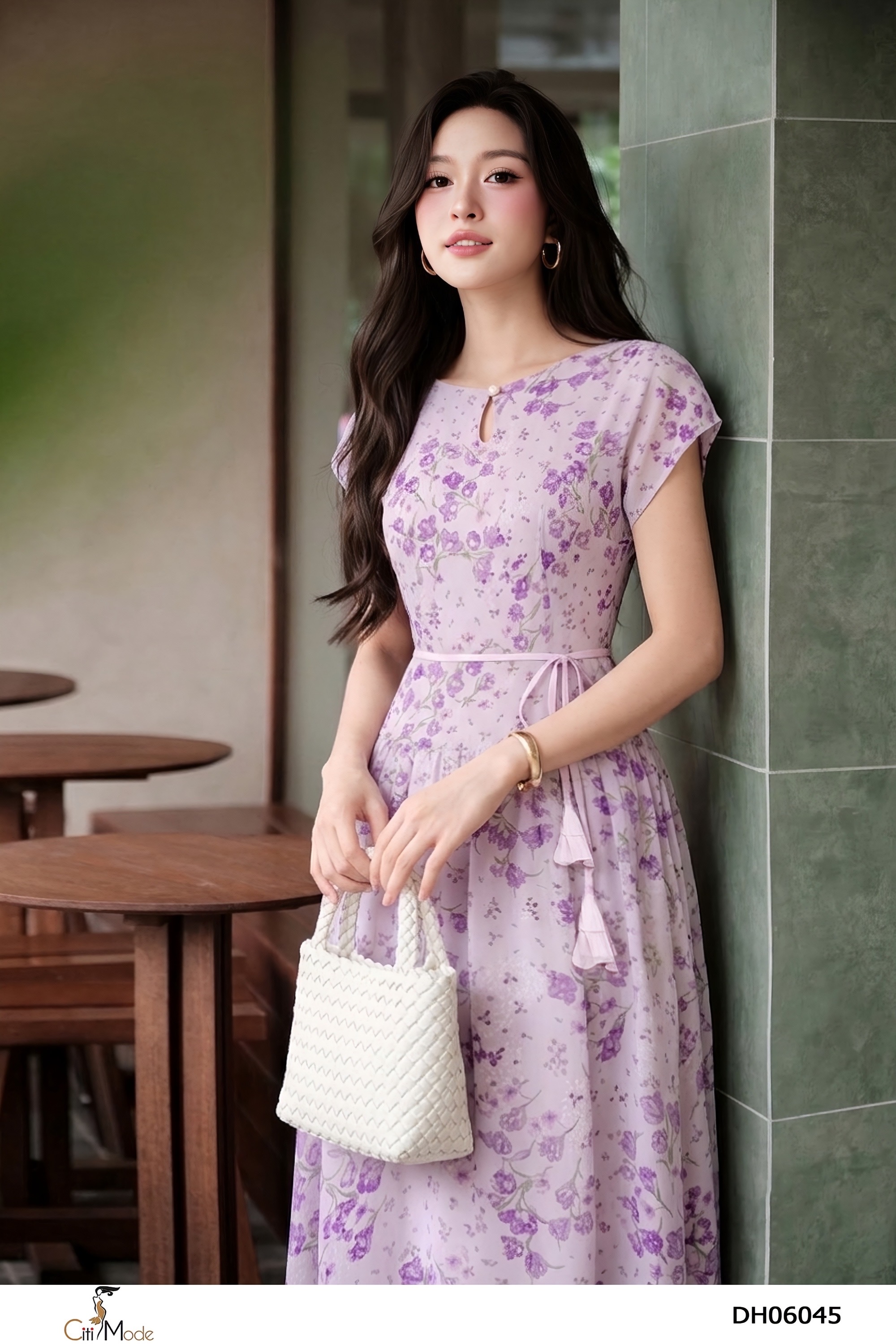 Đầm xòe tím cổ giọt lệ đai thắt eo_thumbnail_5