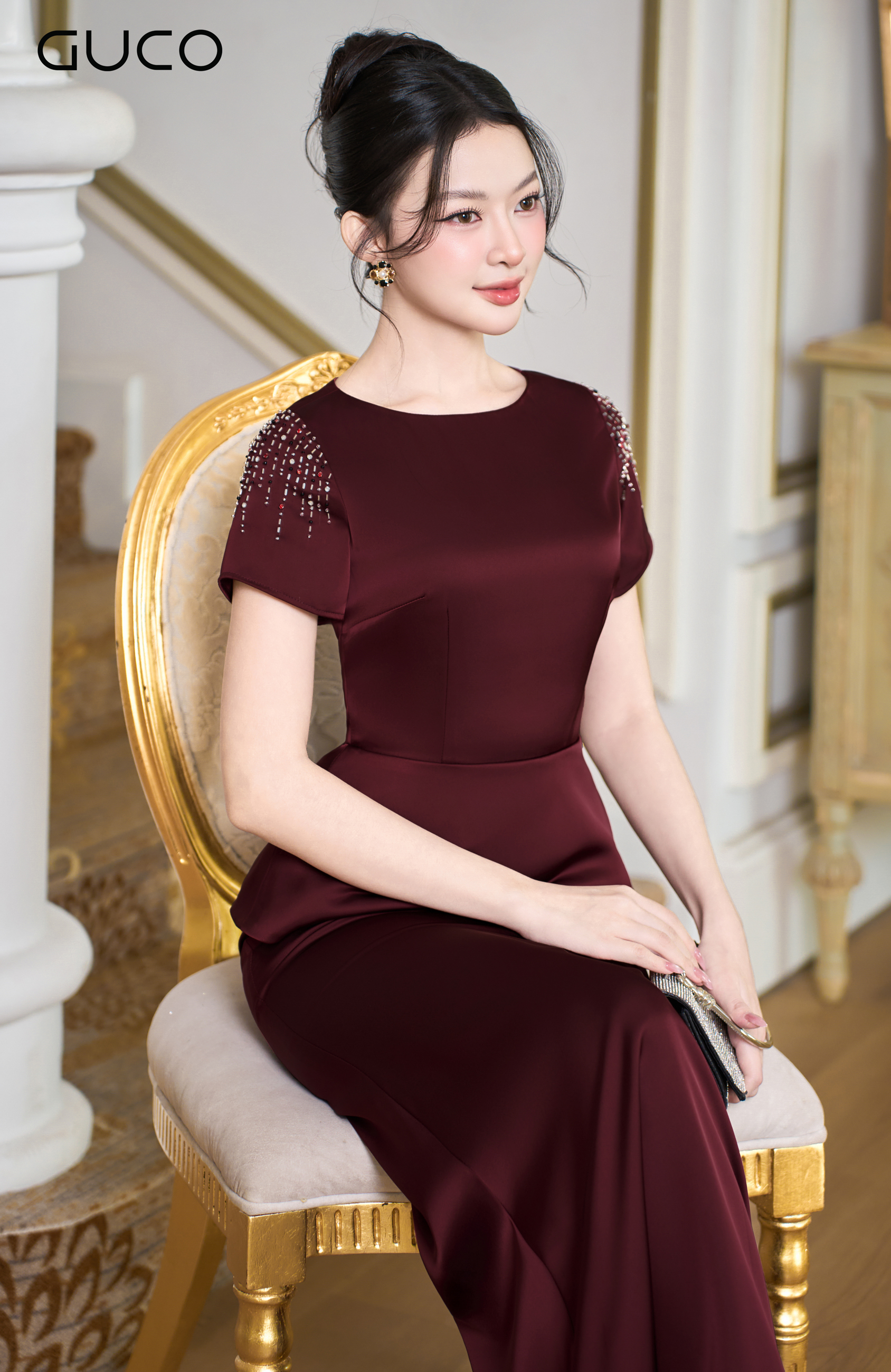 GUCO Đầm Peplum Đỏ Đô Đính Đá Sang Trọng - 5066
