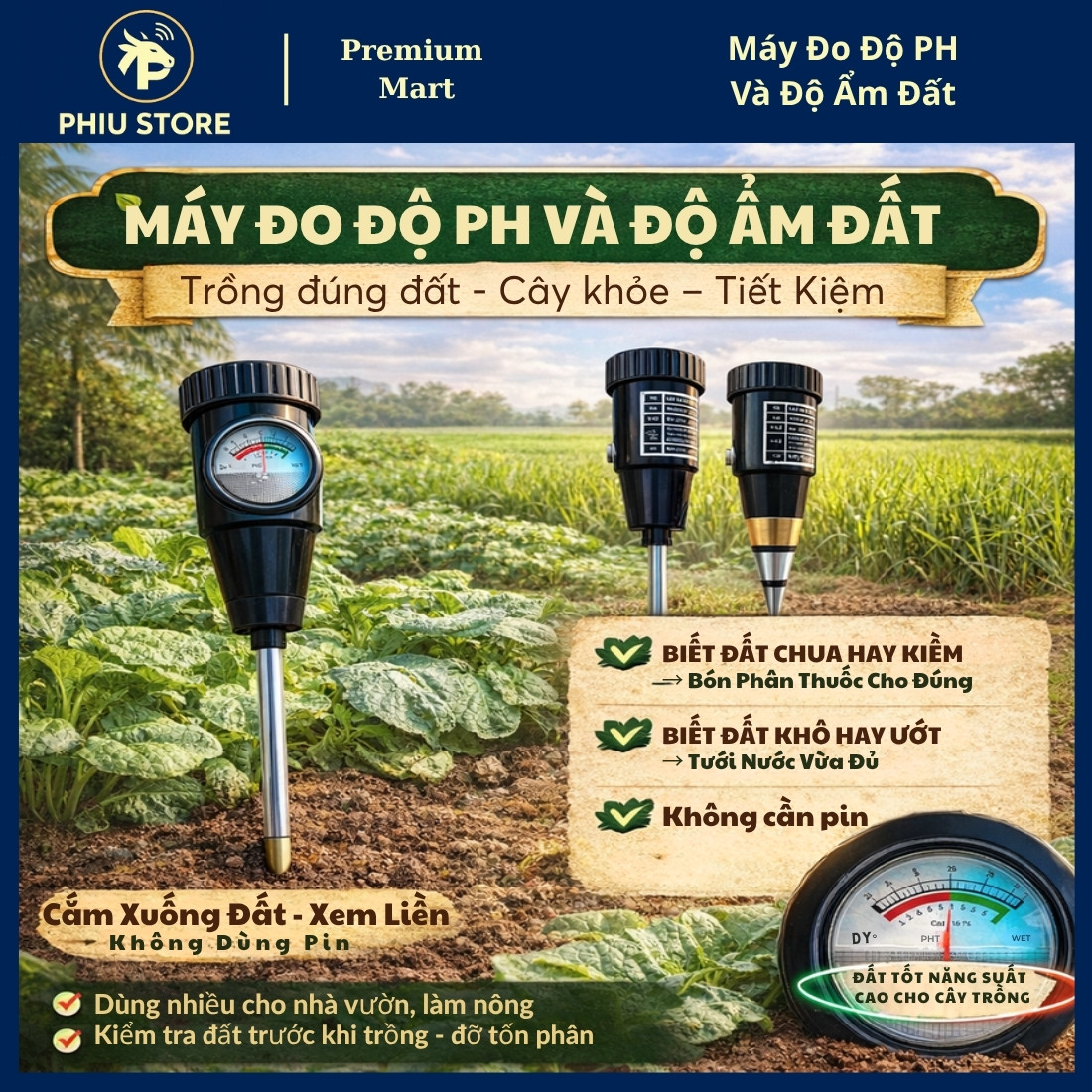 Máy Đo Độ Ẩm & pH Đất - Không Cần Pin